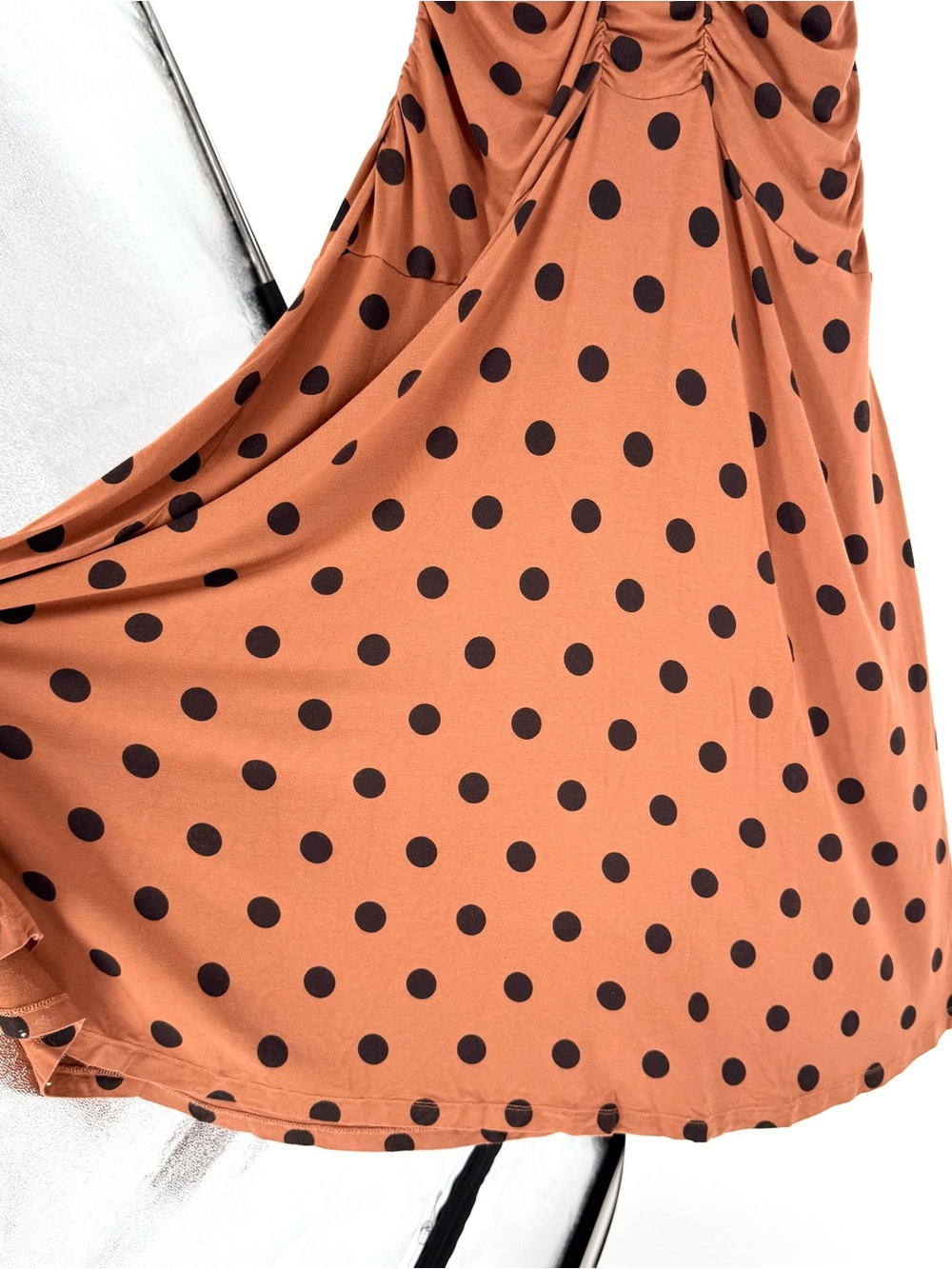 By Anthropologie Ruched Polka Dot Gathered Midi Dress Brown Plus Size L - Picture 8 of 13